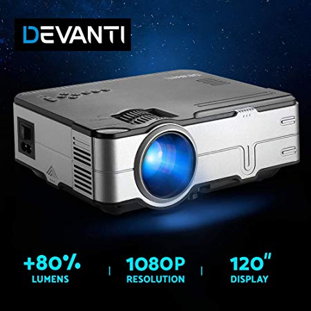 Devanti 2800 Lumens Portable Mini Video Projector with 120''Projection Size for 1080P Home Cinema Movies Video Game Outdoor Activies Party, Compatible with HDMI VGA USB AV 3.5mm Audio Ports Built-in Heavy Bass Speaker