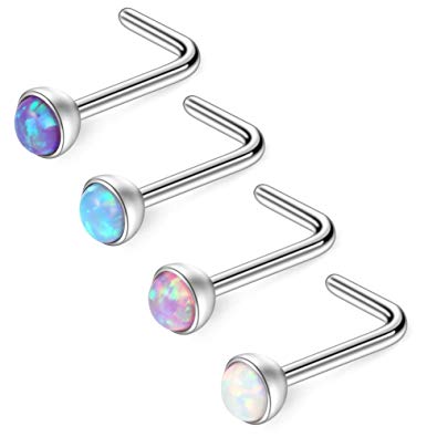 Ruifan 18G 1.5mm 2mm 2.5mm 3mm Jeweled Opal Nose L Shaped Studs Rings Pin Piercing Jewelry 4PCS