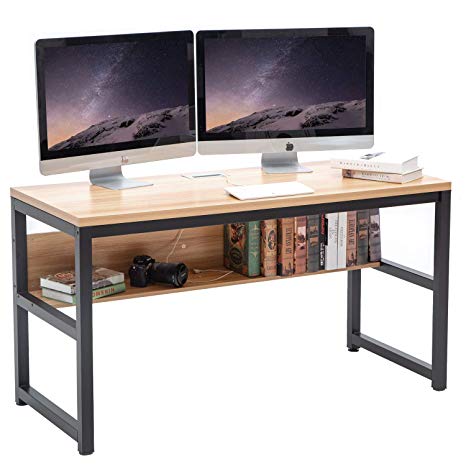 TOPSKY Computer Desk with Bookshelf/Metal Desk Grommet Hole Cable Cover 55" Simple Style Study Desk Office Desk Study Table Workstation (Natural)