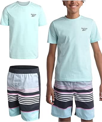 Reebok Boys' Rashguard Set - UPF 50  Short Sleeve Sun Shirt and Bathing Suit Boardshorts - Swimwear Set for Boys (4-12)