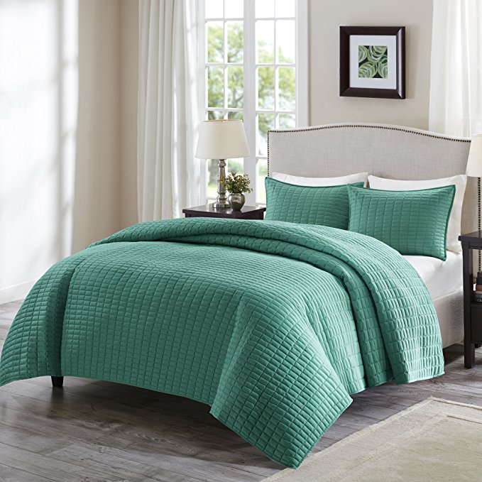 Comfort Spaces Kienna Quilt Mini Set - 3 Piece - Teal - Stitched Quilt Pattern - King size, includes 1 Quilt, 2 Shams