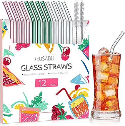 Reusable Glass Bent Straws, 12-Pieces Drinking Straws with 2 Cleaning Brushes, Dishwasher Safe for Shatter Resistant, Eco Friendly Reusable Straws - 3 Color