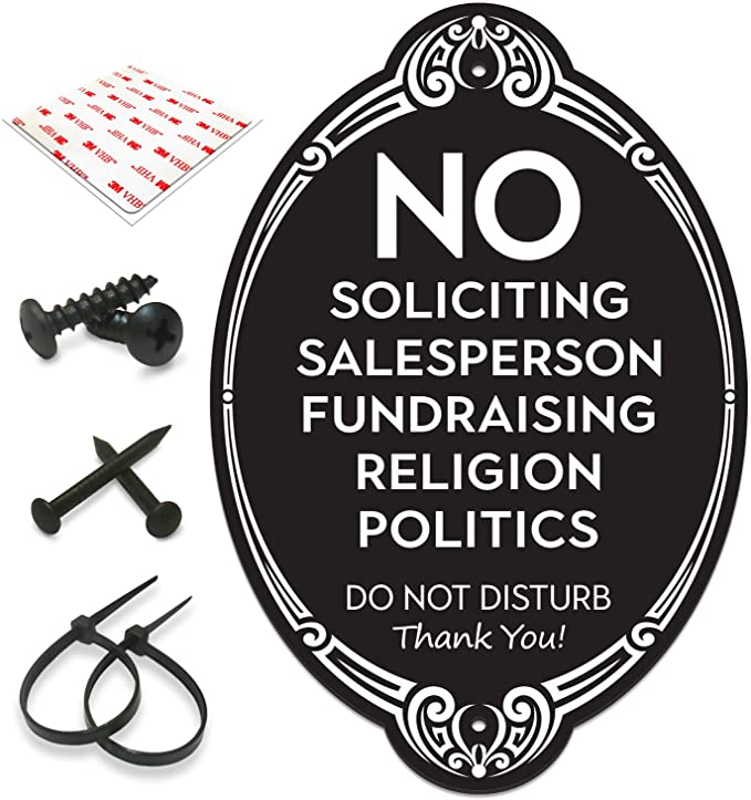 SignSeries No Soliciting Sign for House - No Knock Door Sign, 7.5" X 5" - All Mounting Hardware Included, Easy Installation on Wall, Door or Doorbell - Heavy Duty and Weather Resistant