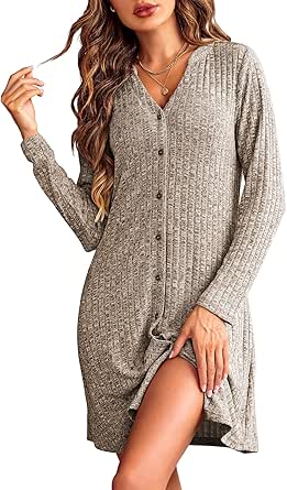 Ekouaer Nightgowns for Women Button Down Night Shirt Long Sleeve Ribbed Knit V-Neck Sleepwear Pajama Dress