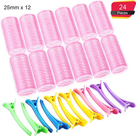25 mm Self Grip Hair Rollers Set 12 Count Small Size Self Holding Rollers and 12 Multicolor Plastic Duck Teeth Bows Hair Clips Hairdressing Curlers for Women, Men and Kids (25 mm, 24 Pieces)