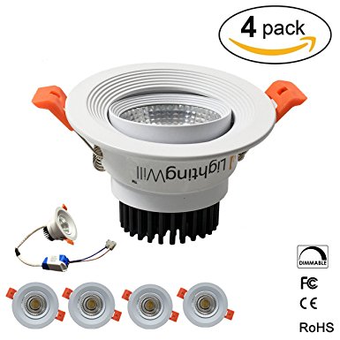 LightingWill 4-Pack 5W CRI&gt;80 396LM Directional Recessed COB LED Downlight Fixture Cut-out 2.5in(65mm) Dimmalbe 60 Beam Angle 4000K-4500K Natural White Ceiling LED Bulb 50W Halogen Bulbs Equivalent