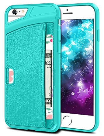 iPhone 6 Plus Case, SAMONPOW Faux Leather Ultra Slim iPhone 6 Plus Wallet Case Credit Card Holder Dual Layers Carrying Case Protective Shell for iPhone 6 Plus, iPhone 6s Plus 5.5 Inch - Light Blue