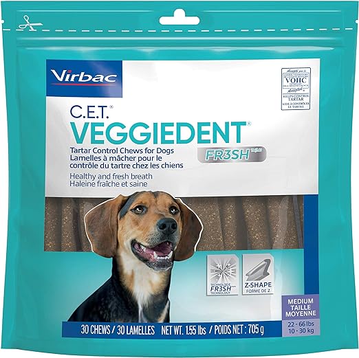 Virbac C.E.T. VEGGIEDENT FR3SH Tartar Control Chews for Medium Sized Dogs 22 to 66 Pounds, 30 Chews, A Healthy Solution for Clean Teeth, Fresh Breath and More.