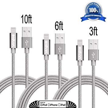 Vinpie 3 Pack 8 Pin Lightning to USB Cable,Extra Long Nylon Braided Sync and Charging Cords for iPhone 6s,6s plus, 6 Plus, 6, iPhone 5 ,5C ,5S,SE, iPad Air, iPod 5,and iPod 7 (3ft 6ft 10ft Gray)