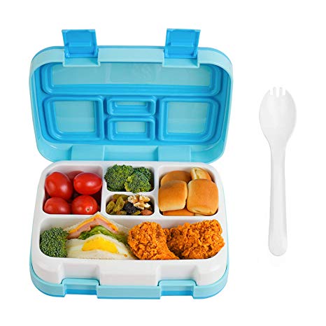 Xindinyi Kids Bento Box, Leakproof Bento Lunch Box for Kids BPA-Free 5-Compartment Toddler Kids School Lunch Containers, Microwave Safe (Blue)
