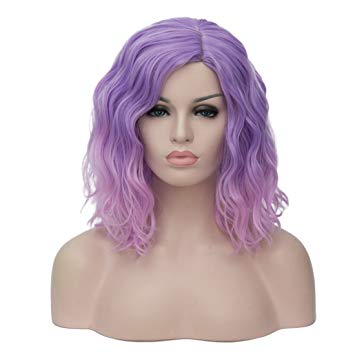 BUFASHION Short Bob Wavy Glue Less Synthetic Hair Wig Heat Resistant Middle Parting, Ombre/Light Purple/Pink