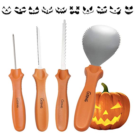 Halloween Pumpkin Carving Kit, G-TING 4 Piece Sturdy Stainless Steel Tool with 10 Pcs Pumpkin Carving Pattern Halloween Professional Pumpkin Stencils Kit or Jack-O-Lanterns