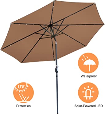 ZENY Patio Umbrella 10ft Market Umbrella with LED Solar Lights and Crank Lift Outdoor Table Umbrella Sunshade with 8 Ribs for Backyard, Lawn, Deck