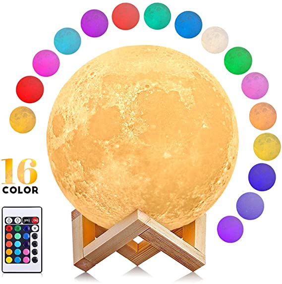 AGM Moon Lamp, Dimmable LED Moon Light 3D Printing 16 Colors Remote & Touch Control 15cm Night Mood Light with Wooden Holder for Children's Room Bedroom Cafe Bar Dining Room (16 Color)