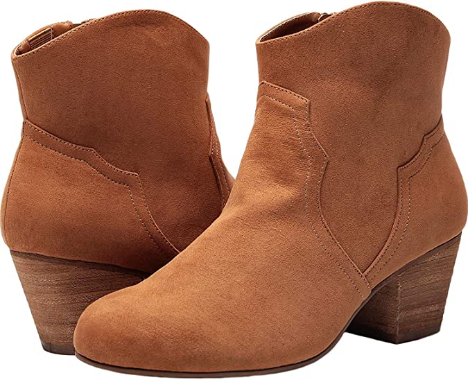 Women Wide Width Ankle Boots - Chunky Mid Heel Slip On Side Zipper Booties.