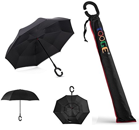 Inverted Umbrella by Tooge, Cars Reverse Umbrella for Wind and Rain Protection-Double Layer and Self-Standing, with C-Shaped Handle and Umbrella Cap