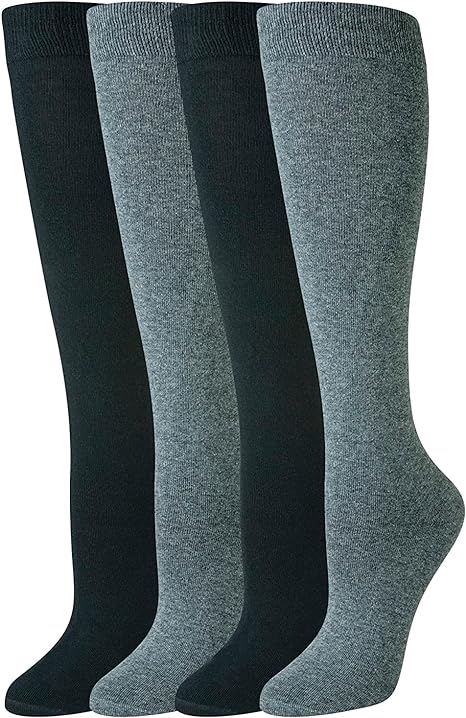 Amazon Essentials Women's Casual Cotton Knee High Socks, 4 Pairs, Black/Grey, 6-9