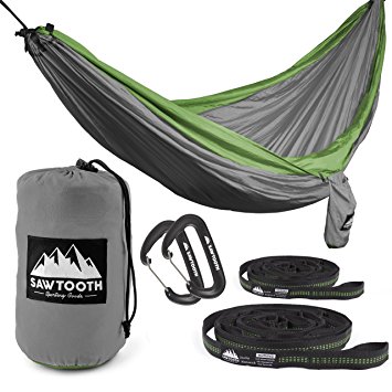 Sawtooth Double Camping Hammock with Straps and Carbiners - Military-Grade Parachute Nylon with Utility Loops and Storage pocket - Portable and Lightweight