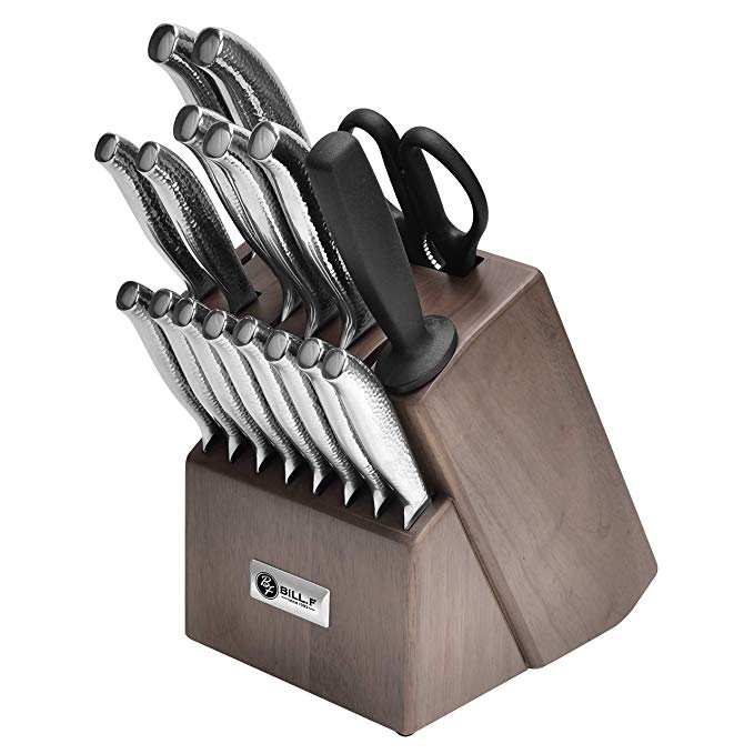 Kitchen Knife Set, BILL.F 18 Pieces Knife Set with Wooden Block and Sharpener, Stainless Steel Kitchen Knives and Scissors Block Set
