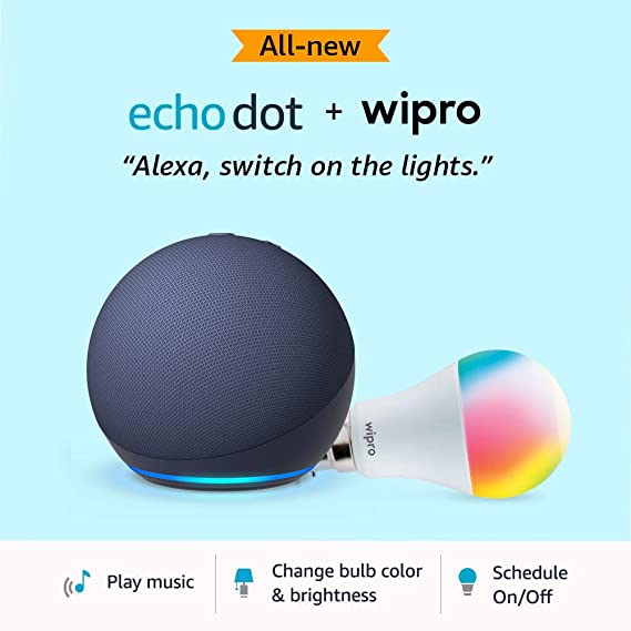 All-New Echo Dot (5th Gen, Blue) Combo with Wipro 9W LED Smart Color Bulb