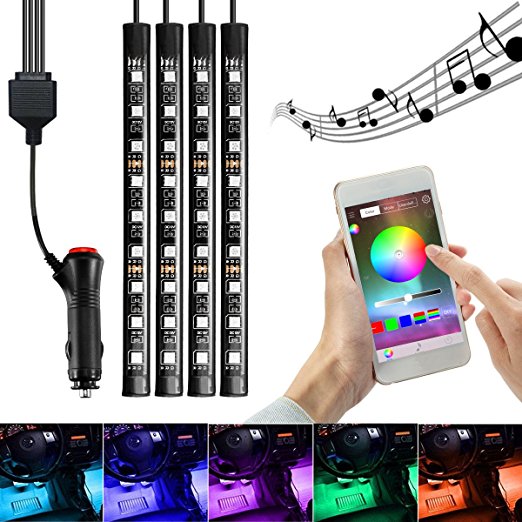 AMBOTHER 4x Car LED RGB Music Interior Atmosphere Floor Underdash Lighting RGB Music Control Strip Lights Kit Multicolor APP Bluetooth Controller for iPhone Android