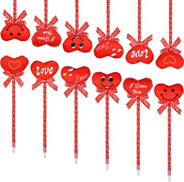 Valentine's Day Heart Shape Pens Red Heart Plush Ballpoint Pens Blue Ink Writing Pens for Office School Supplies Valentines Birthday Presents for Teachers Students Kids, 6 Styles (12 Pieces)