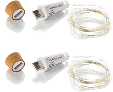 Auraglow Rechargeable USB Bottle Cork Wire Fairy String Light with 15 LED's - Twin Pack