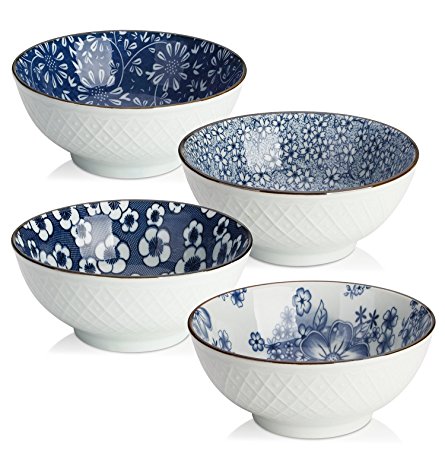 DOWAN Ceramic Cereal, Soup, or Pasta Bowls, Set of 4 Assorted Designs, Blue and White