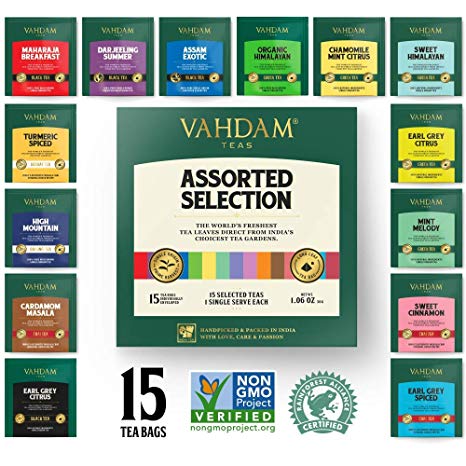 VAHDAM, Tea Variety Pack | 15 FLAVOURS | Award Winning Tea Sampler | Black Tea, Green Tea, Oolong Tea, Chai Tea, Herbal Tea | Long Leaf Pyramid Tea Bags | Best Selling Tea Gift Set & Tea Gift Box