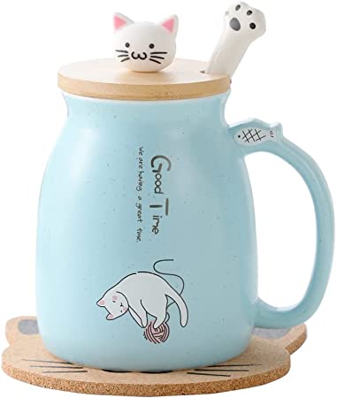 Cute Cat Mug Ceramic Coffee Cup with Lovely Kitty lid, cat paw Spoon and Coaster, Morning Tea Milk Cup for girls women Christmas Birthday Gift Mug 380ML (Blue)