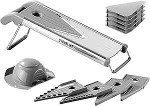 STONELINE Râpe en V, Mandoline à Légumes, Râpe à Légumes, Râpe polyvalente, Râpe pour Frites, Coupe-Légumes, Râpe avec 5 embouts, Set de 9 Pièces, en Acier Inoxydable