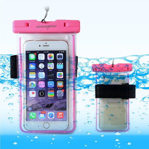 Waterproof Case,Coeuspow Universal Luminous Waterproof Bag Pouch with Armband for Apple Iphone 6 Plus/6, Samsung Galaxy S6/S6 Edge Note 4,all Smartphone up to 6.0" Diagonal Waterproof Wallet-Pink