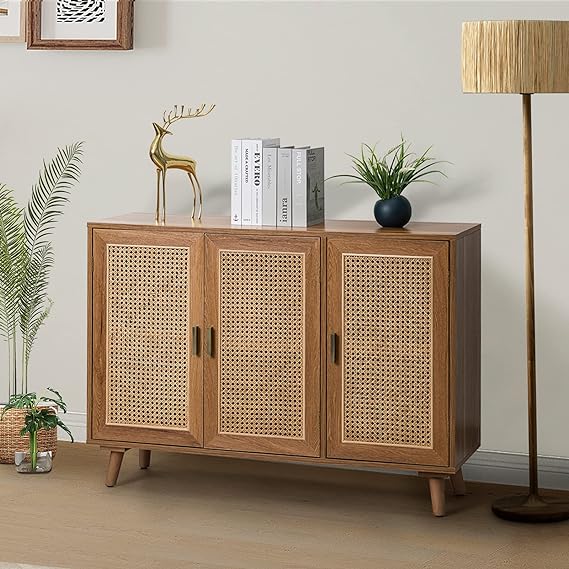 HULALA HOME Accent Storage Cabinet with 3 Natural Rattan Doors & Wood Legs, 2-Tier Shelf Sideboard Buffet Cabinet, Boho Cupboard Console Table for Living Room, Entryway, Dining Room, Hallway, Walnut