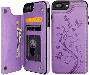 iPhone 7 Plus iPhone 8 Plus Case Wallet with Card Holder, Vaburs Embossed Butterfly Premium PU Leather Double Magnetic Buttons Flip Shockproof Cover for iPhone 7/8 Plus Case (Purple)