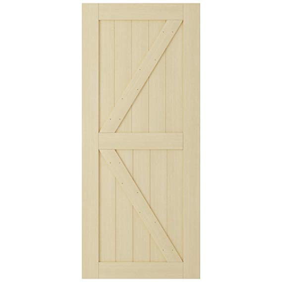 SmartStandard 36in x 84in Sliding Barn Wood Door Pre-Drilled Ready to Assemble, DIY Unfinished Solid Cypress Wood Panelled Slab, Interior Single Door Only, Natural