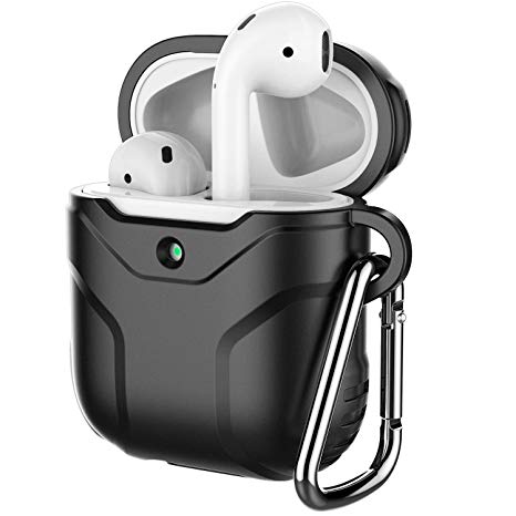 JETech Case for Apple AirPods (1st & 2nd Generation), Portable Silicone Protective Cover (Front LED Visible) with Carabiner, Black