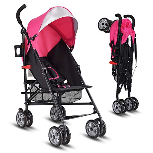 INFANS Lightweight Baby Umbrella Stroller, Foldable Infant Travel Stroller with 4 Position Recline, Adjustable Backrest, Cup Holder, Storage Basket, UV Protection Canopy, Carry Belt (Pink)