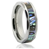 King Will 6mm Silver Tungsten Metal Ring Unisex Wedding Band Abalone Shell Inlay Faceted Edges