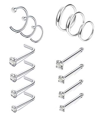 LOLIAS 14-21 Pcs Stainless Steel Hoop Nose Rings Nose Ring Stud Body Piercing Jewelry CZ Inlaid 1.5MM 2MM 2.5MM 3MM