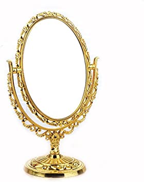 Guppy Desktop Makeup Mirror, Antique Vintage European Style Two Sided Swivel Oval Tabletop Vanity Makeup Mirror with Embossed Hollow Flower Shiny Pedestal Makeup Mirror(Gold)