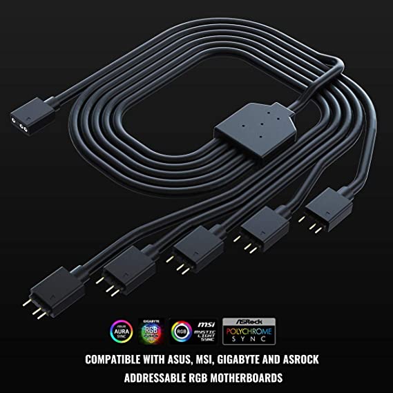 Cooler Master 1-to-5 Addressable RGB Splitter Cable Universal 3-pin ARGB Sync on LED Strips and Fans for Computer Cases, CPU Coolers and Radiators Fans