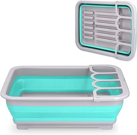 Navaris Collapsible Dish Drying Rack - Drainer for RV, Camper, Camping, Travel Trailer, Small Spaces - Portable Dishes Dryer with Drain - Gray/Blue