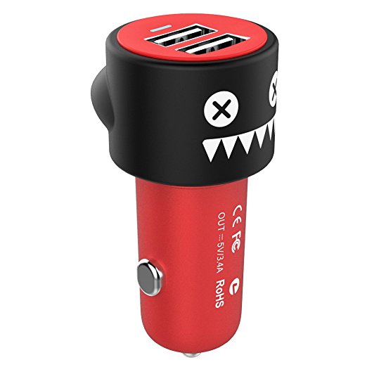 CHANBO Dual USB 17W/3.4 A Car Charger , Cigarette Lighter Adapter with 2 Adaptive Fast Port 3D Cartoon Silicone Band for smartphone, Android Phone & Tablet (red)