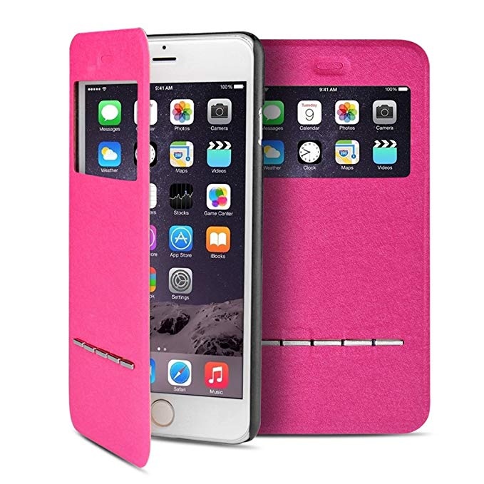 TNP iPhone 6s Case (Hot Pink) - Slim Fit Synthetic Leather Smart Window View Metal Front Flip Cover Stand Folio Case for Apple iPhone 6 and iPhone 6S 4.7" Devices