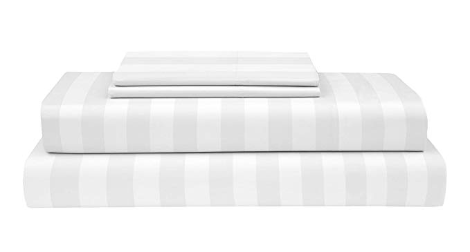Boston Linen Co. 400 Thread Count, 100% Cotton Sheet Set – Extra Soft, Luxury Finish – Smooth and Silky Sateen Weave Long-Staple Combed Cotton – 4 Piece Set (Queen, White Stripes)
