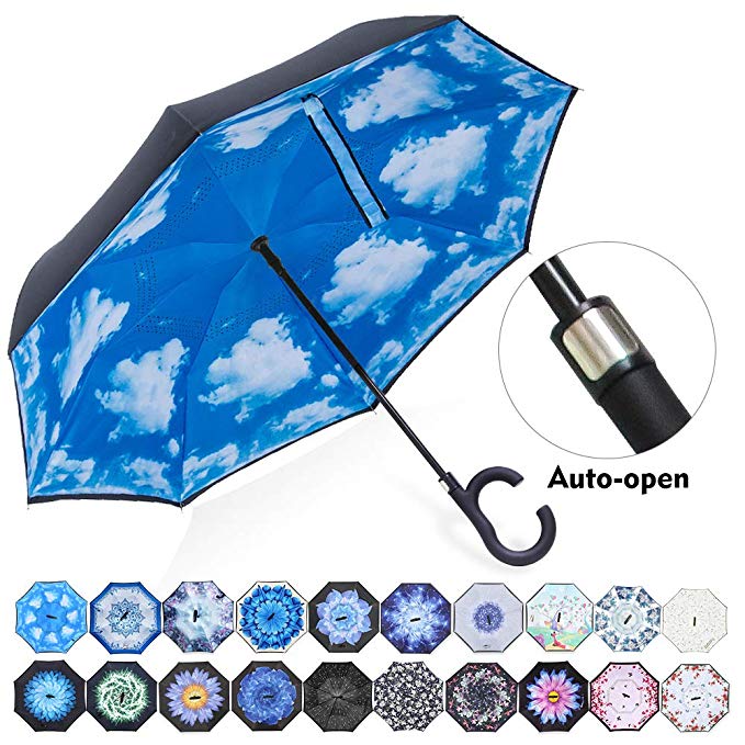 ZOMAKE Auto Open Double Layer Inverted Umbrella Cars Reverse Umbrella, UV Protection Windproof Large Straight Umbrella for Car Rain Outdoor with C-Shaped Handle