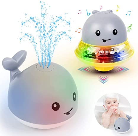 Spray Whale Baby Bath Toys, Whale Induction Spray Water Toy with LED Colorful Light Up Automatic Induction Sprinkler Bath Toy Bathtub Toys for Toddlers, Bathtime Gift for Kids (Grey   Space Base)