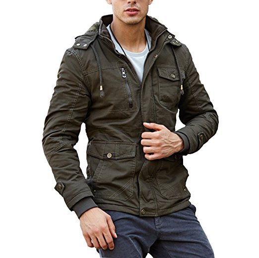 CRYSULLY Men's Winter Slim Fit Casual Thicken Multi-Pocket Outwear Jacket Coat With Removable Hood