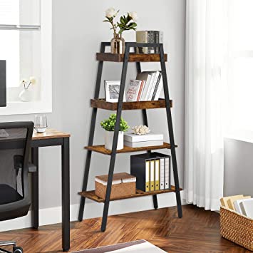 VECELO Industrial Ladder Shelf, 4-Tier Wood Home Bookshelf Leaning Utility Bookcase Plant Flower Stand Metal Frame for Office, Living Room, Simple Assembly, Rustic Brown