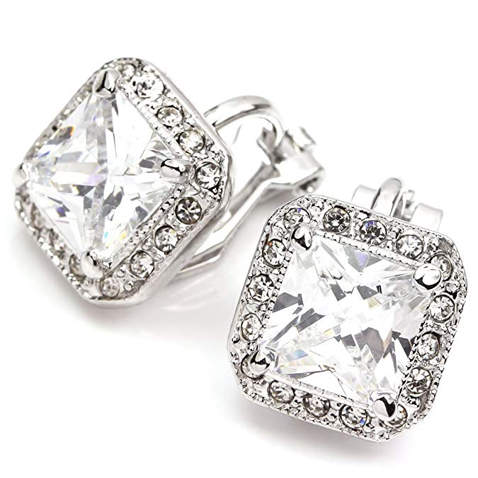 FC JORY White & Rose Gold Plated Square CZ Halo Princess Cut Solitaire Stud Clip On Earrings